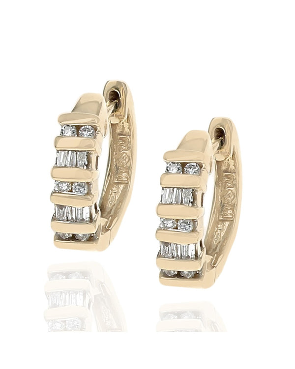 Alternating Round and Baguette Diamond Huggie Earrings