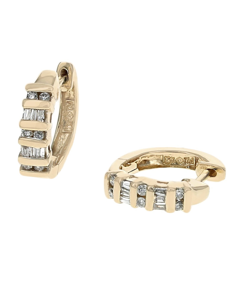 Alternating Round and Baguette Diamond Huggie Earrings