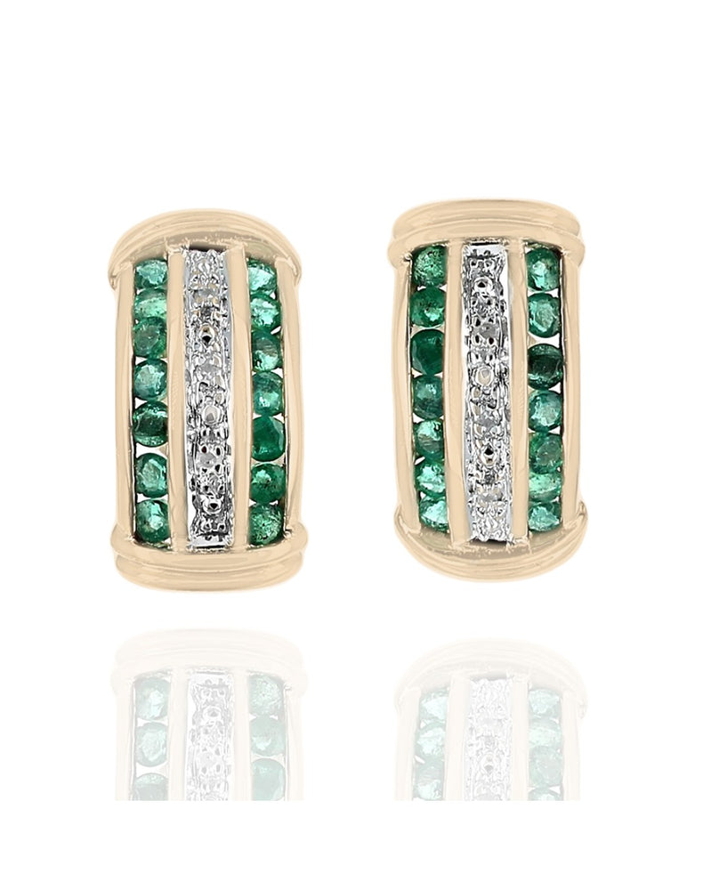 Three Row Alternating Emerald and Diamond Curved Earrings in Yellow Gold