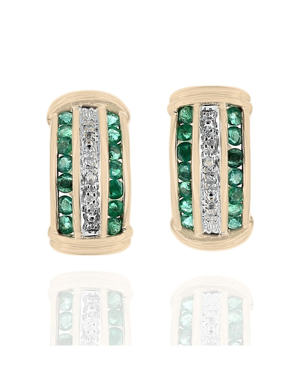 Three Row Alternating Emerald and Diamond Curved Earrings in Yellow Gold