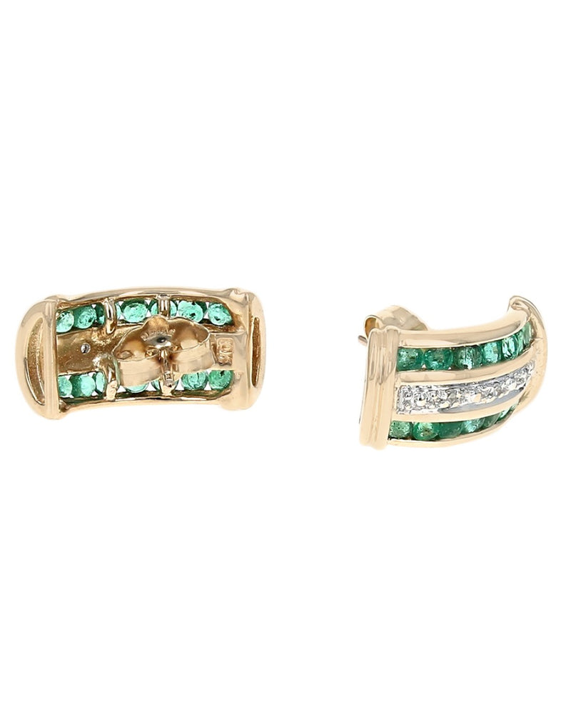 Three Row Alternating Emerald and Diamond Curved Earrings in Yellow Gold