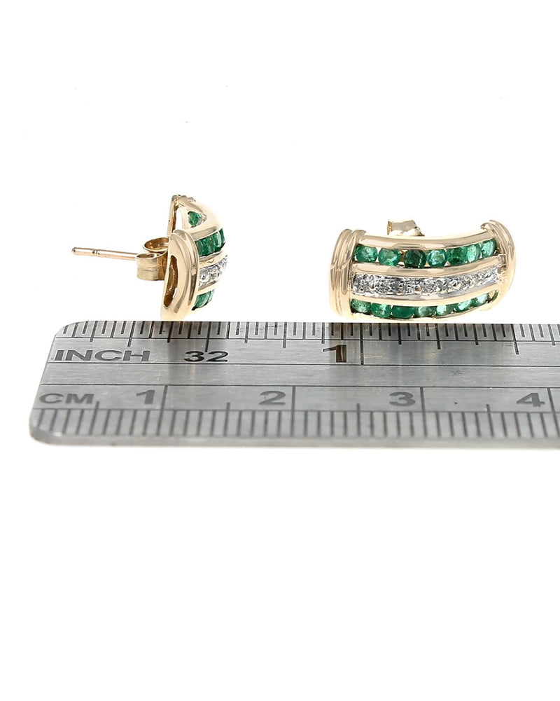 Three Row Alternating Emerald and Diamond Curved Earrings in Yellow Gold