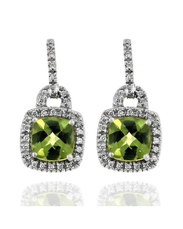 Peridot Cushion Diamond Halo Drop Earrings