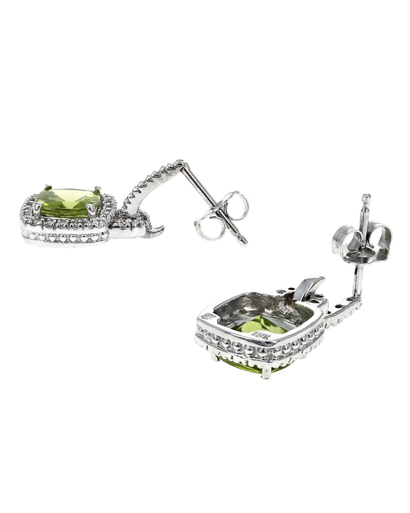 Peridot Cushion Diamond Halo Drop Earrings