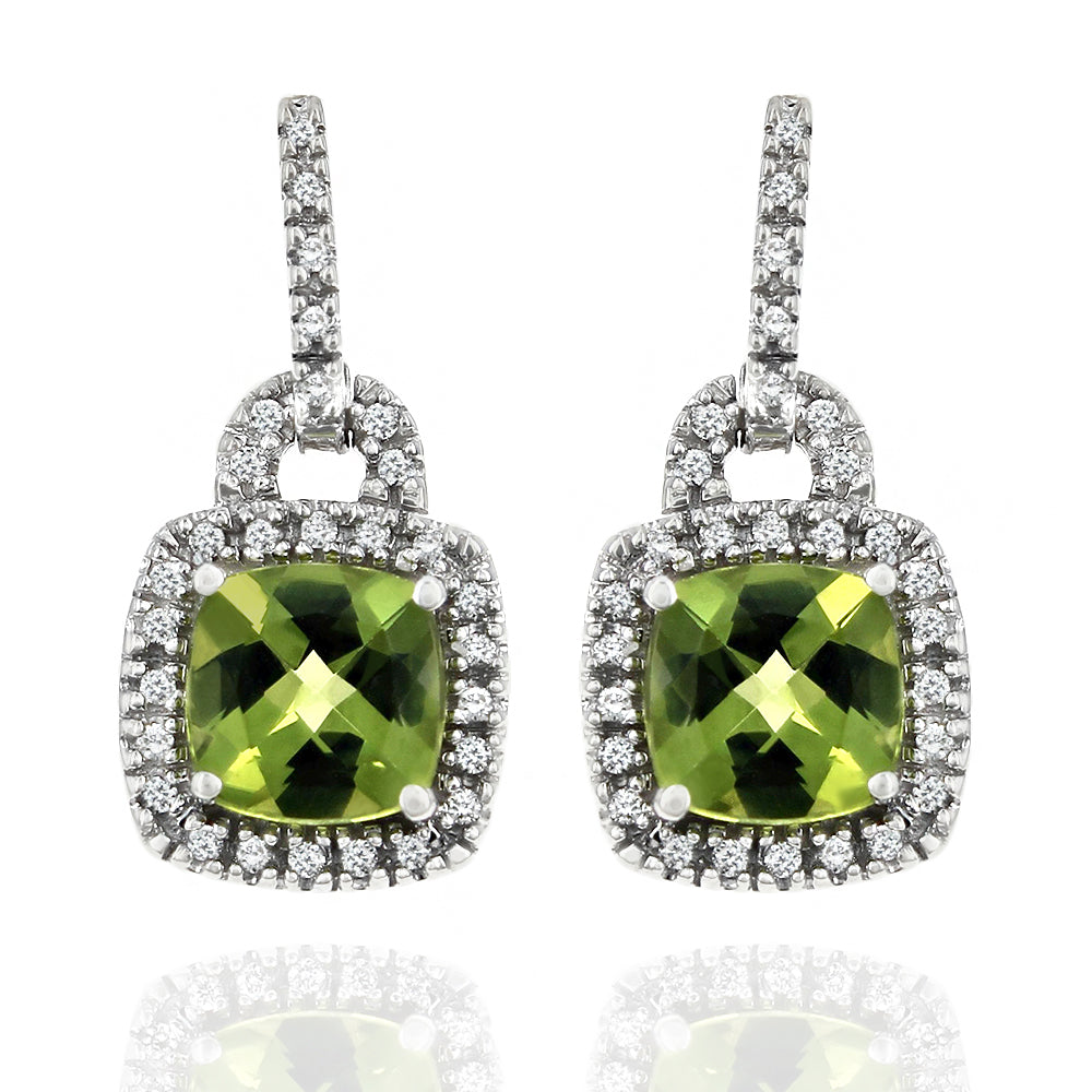 Peridot Cushion Diamond Halo Drop Earrings