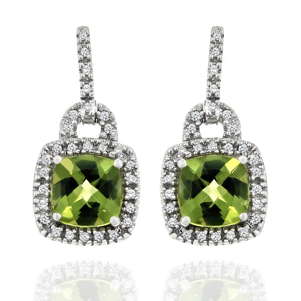 Peridot Cushion Diamond Halo Drop Earrings