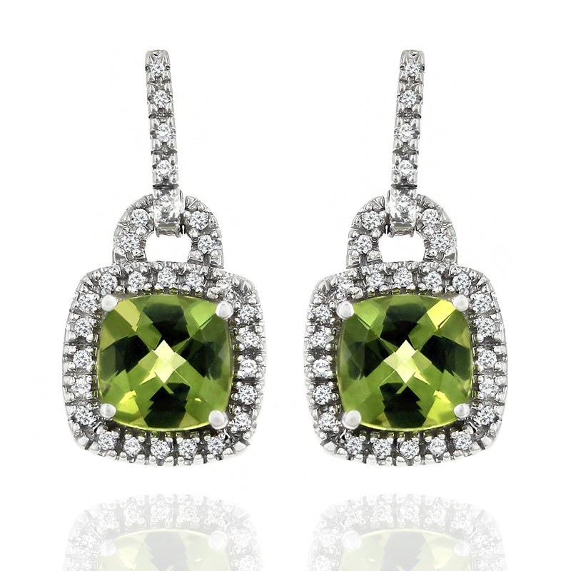Peridot Cushion Diamond Halo Drop Earrings