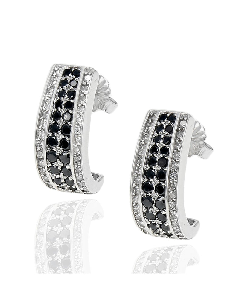 Four Row Black and White Diamond J Earrings in White Gold