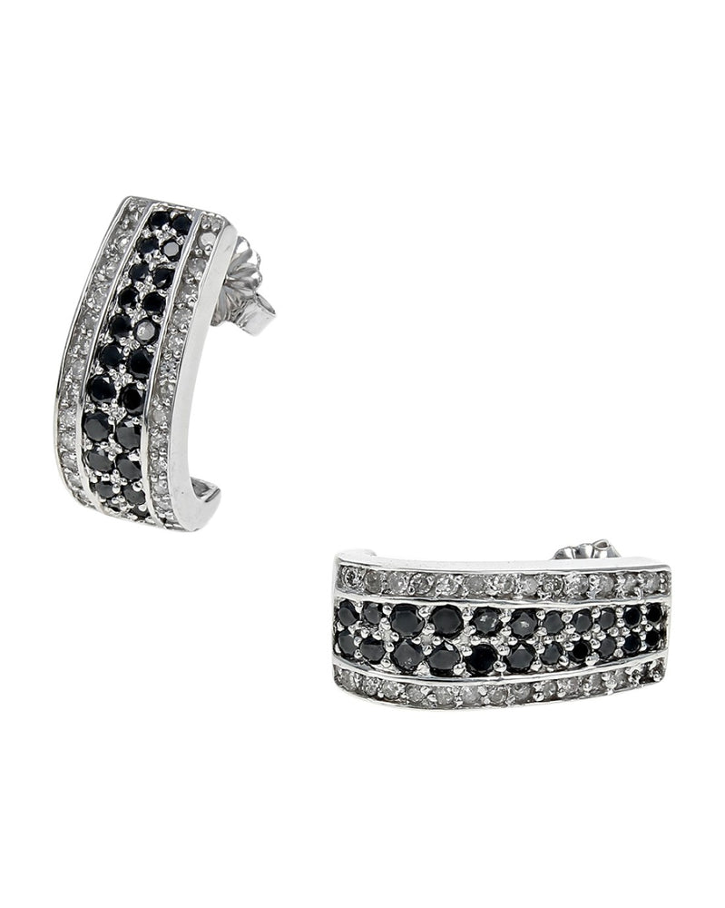 Four Row Black and White Diamond J Earrings in White Gold