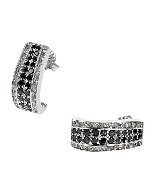 Four Row Black and White Diamond J Earrings in White Gold