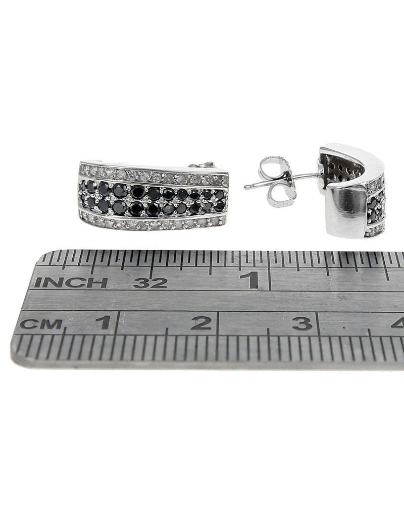 Four Row Black and White Diamond J Earrings in White Gold