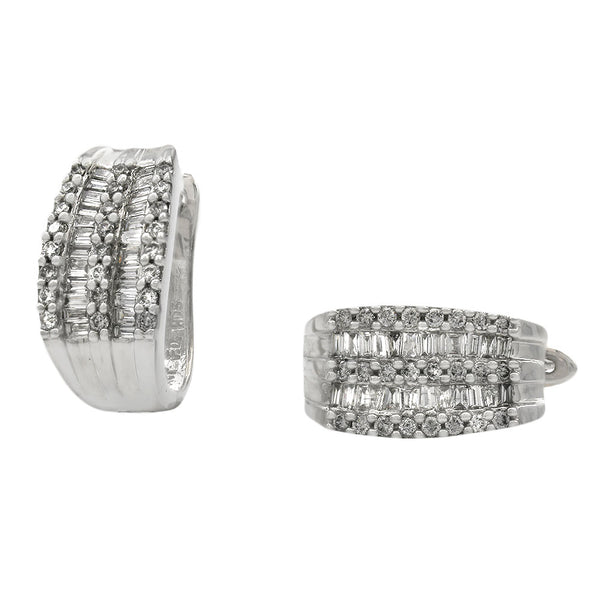 5 Row Alternating Round and Baguette Diamond Curved Earrings in White Gold