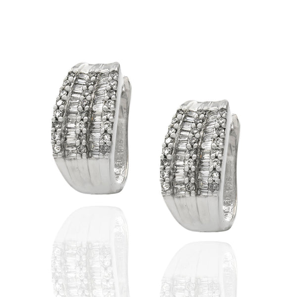 5 Row Alternating Round and Baguette Diamond Curved Earrings in White Gold