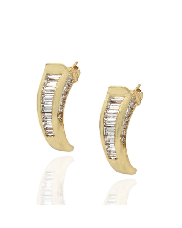 Graduated Baguette and Round Diamond Curved Earrings