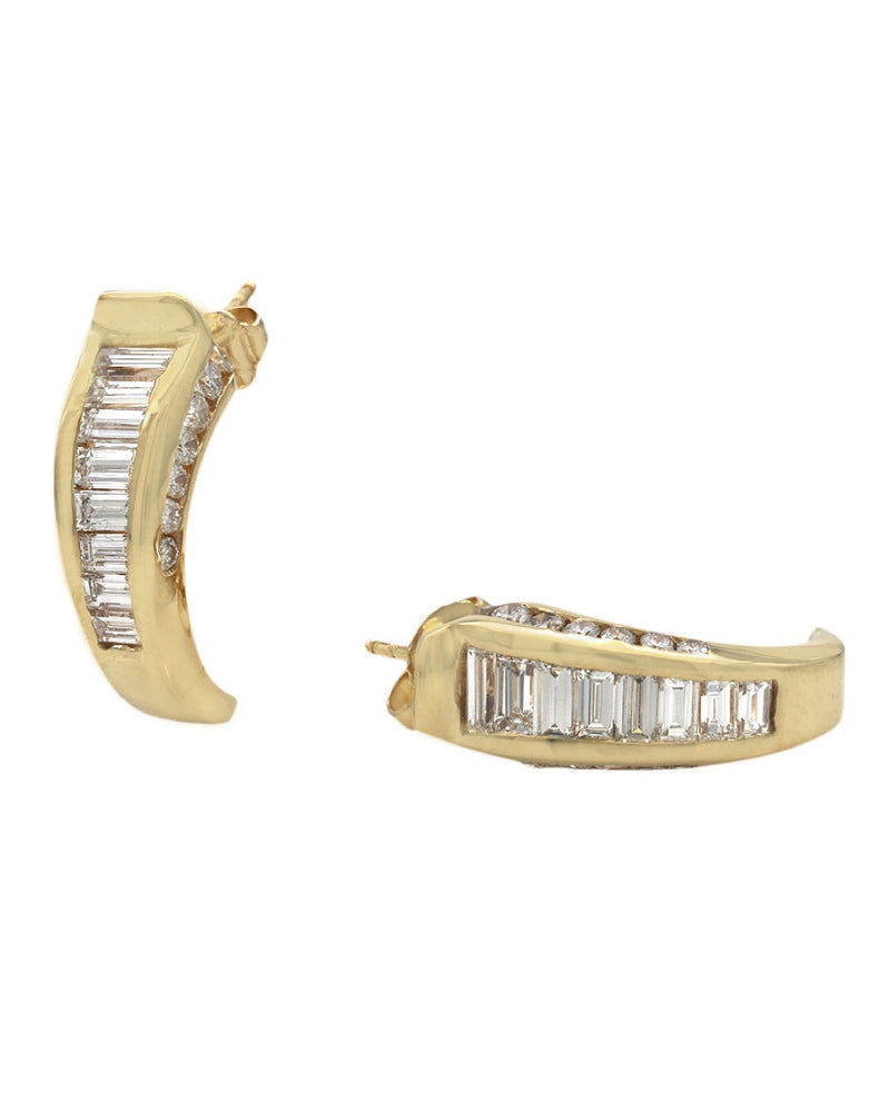 Graduated Baguette and Round Diamond Curved Earrings