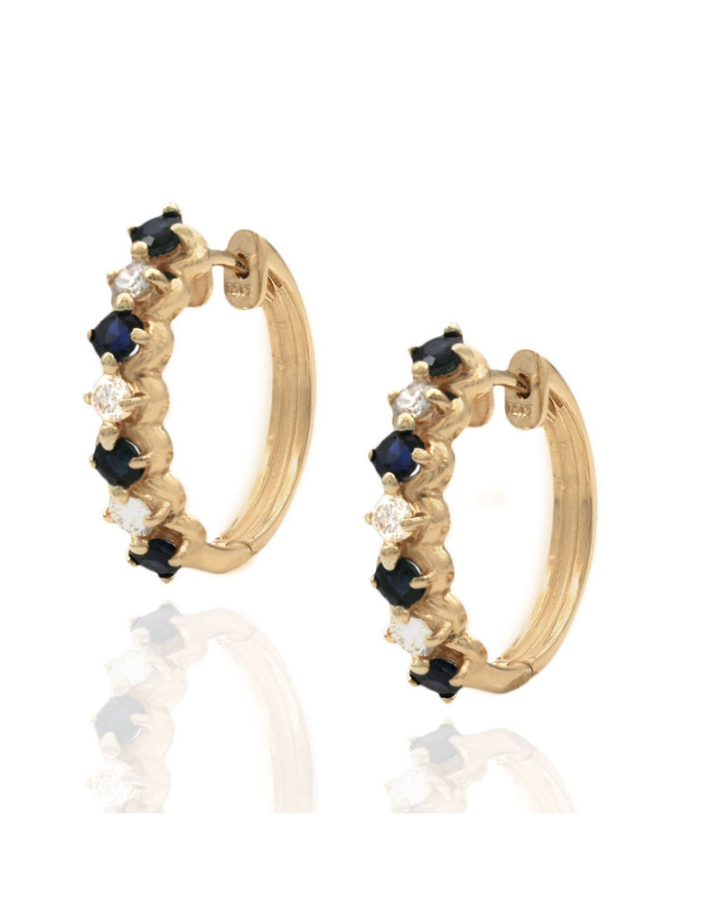 Alternating Blue Sapphire and Diamond Hoop Earrings