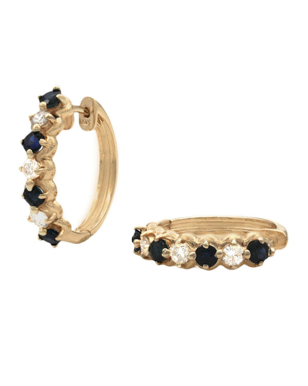 Alternating Blue Sapphire and Diamond Hoop Earrings