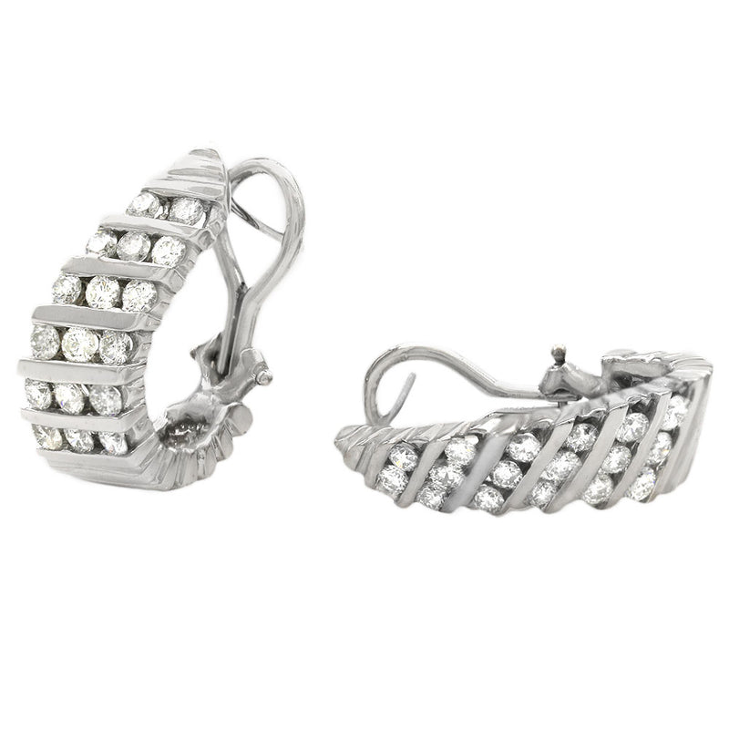 Diagonal Set Diamond Fluted Earrings in White Gold