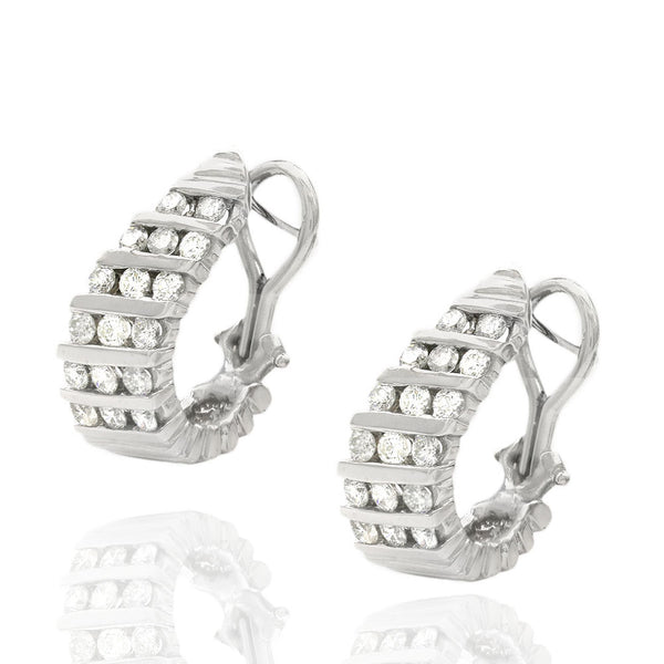 Diagonal Set Diamond Fluted Earrings in White Gold