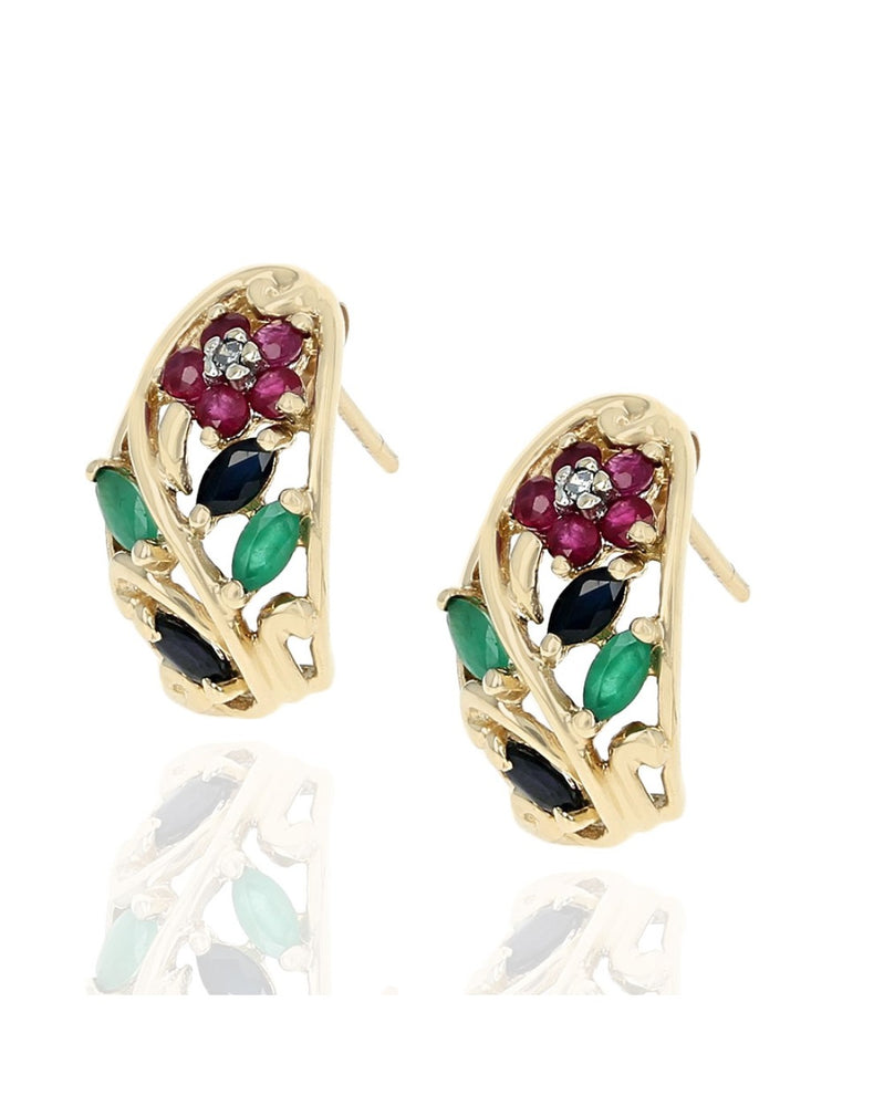 Multi-Gem Open Cut Floral Motif Curved Earrings in Yellow Gold