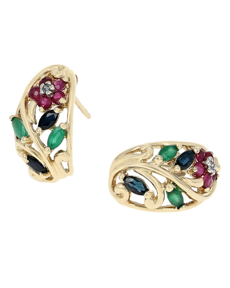 Multi-Gem Open Cut Floral Motif Curved Earrings in Yellow Gold