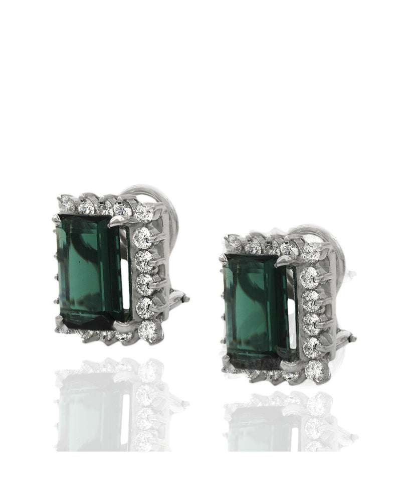 Green Tourmaline and Diamond Halo Clip On Earrings