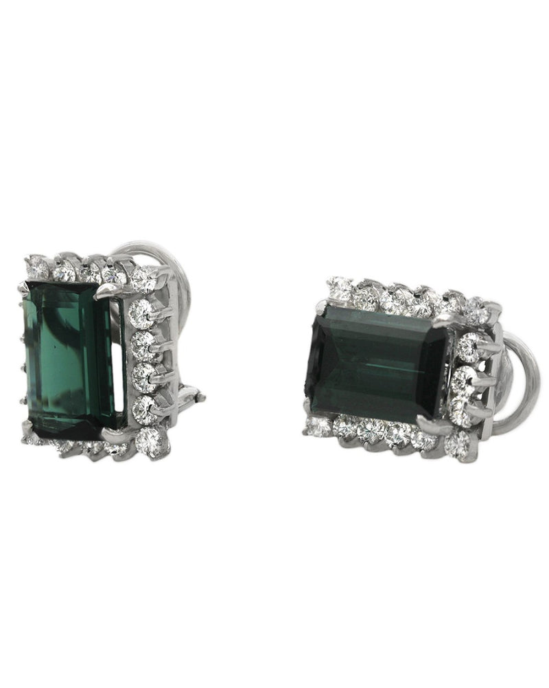 Green Tourmaline and Diamond Halo Clip On Earrings