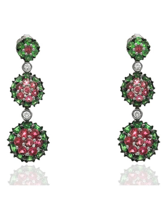 Pink Tourmaline and Tsavorite Halo and Diamond Dangle Earrings