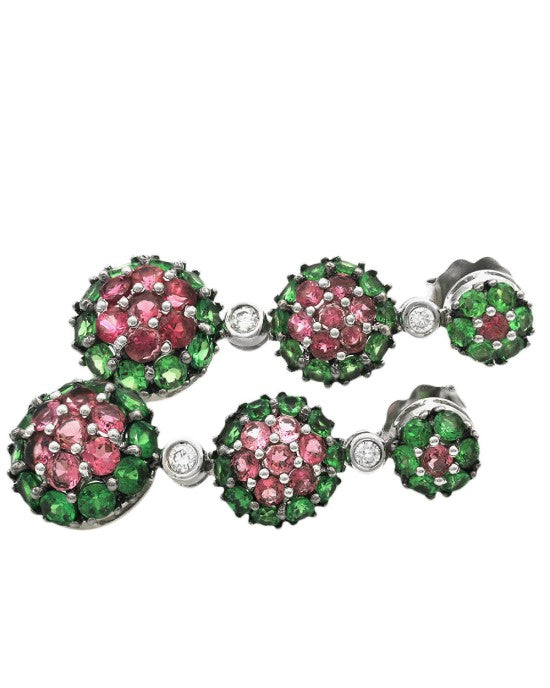 Pink Tourmaline and Tsavorite Halo and Diamond Dangle Earrings