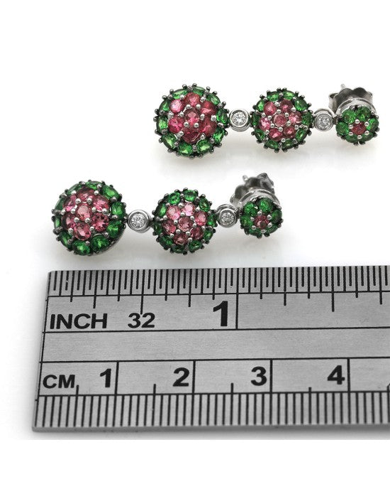 Pink Tourmaline and Tsavorite Halo and Diamond Dangle Earrings