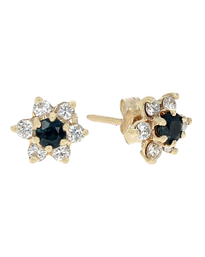 Blue Sapphire and Diamond Flower Stud Earrings in Yellow Gold