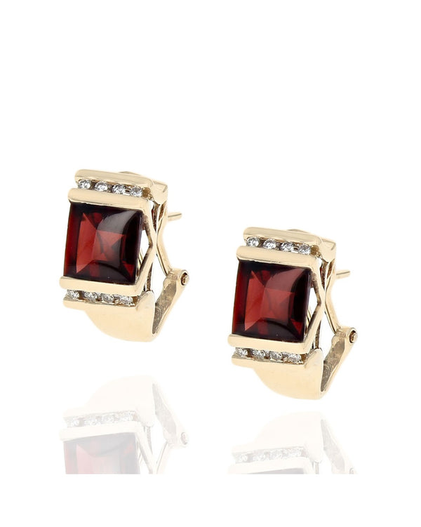 Square Garnet and Diamond Omega Back Earrings