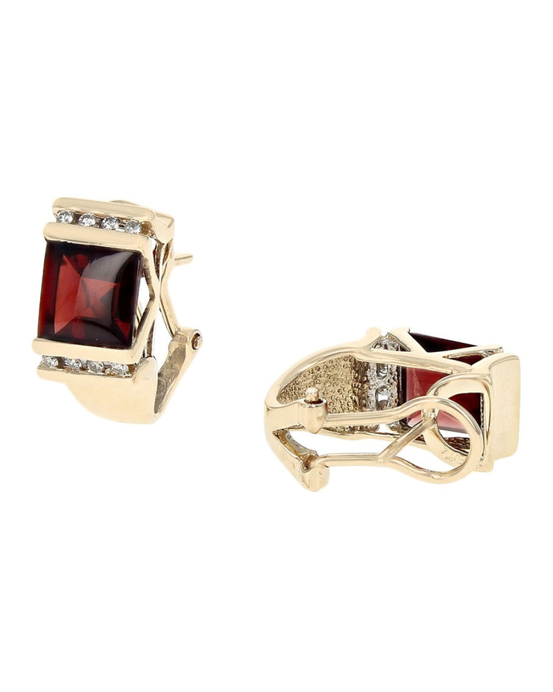 Square Garnet and Diamond Omega Back Earrings