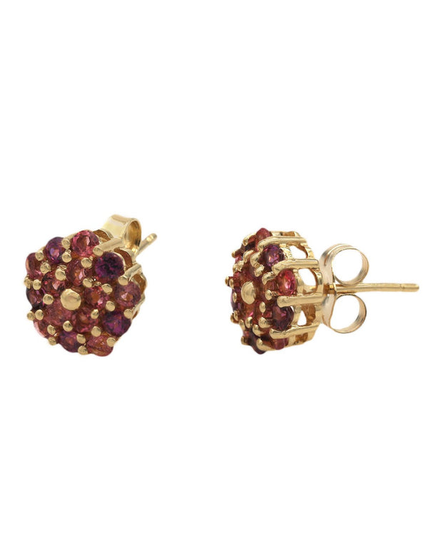 Pink Tourmaline and Rhodolite Garnet Round Cluster Stud Earrings in Yellow Gold