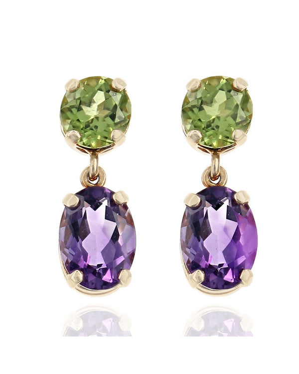 Peridot and Amethyst Drop Earrings in Yellow Gold