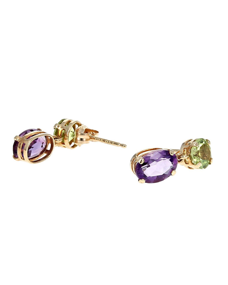 Peridot and Amethyst Drop Earrings in Yellow Gold