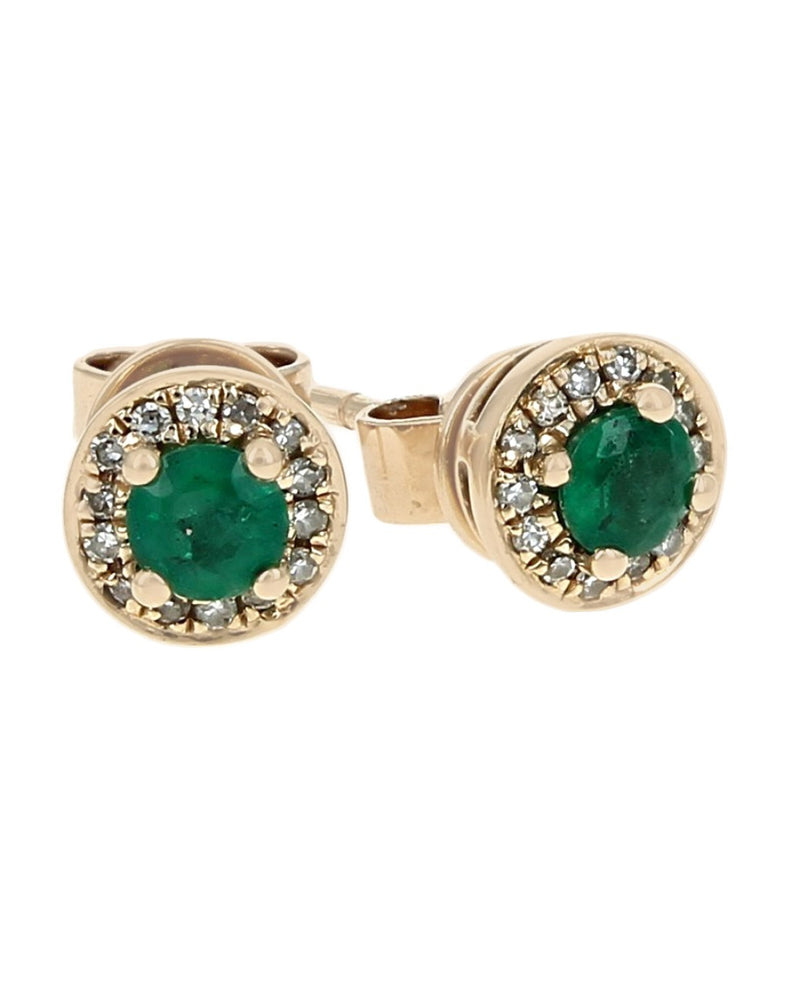 Emerald and Diamond Halo Stud Earrings in Yellow Gold