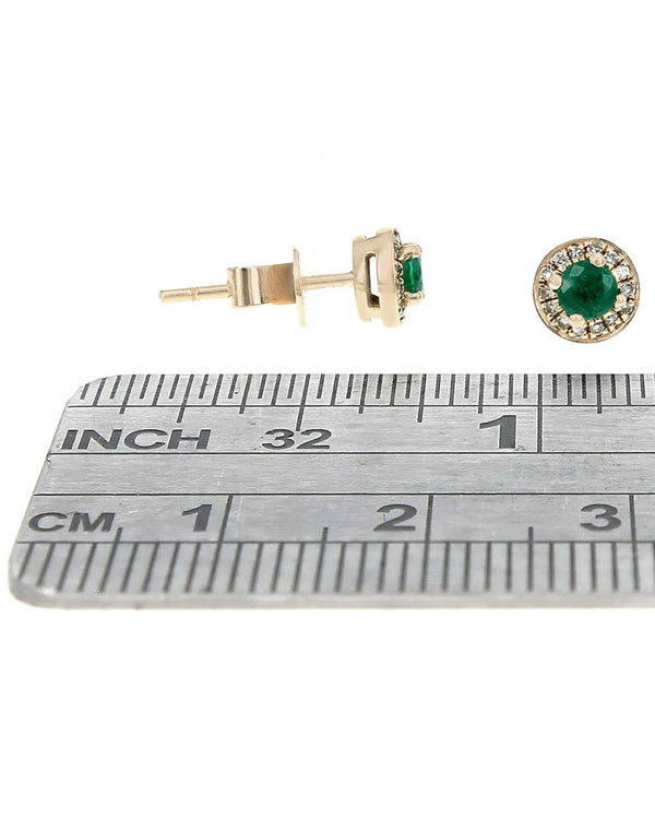 Emerald and Diamond Halo Stud Earrings in Yellow Gold