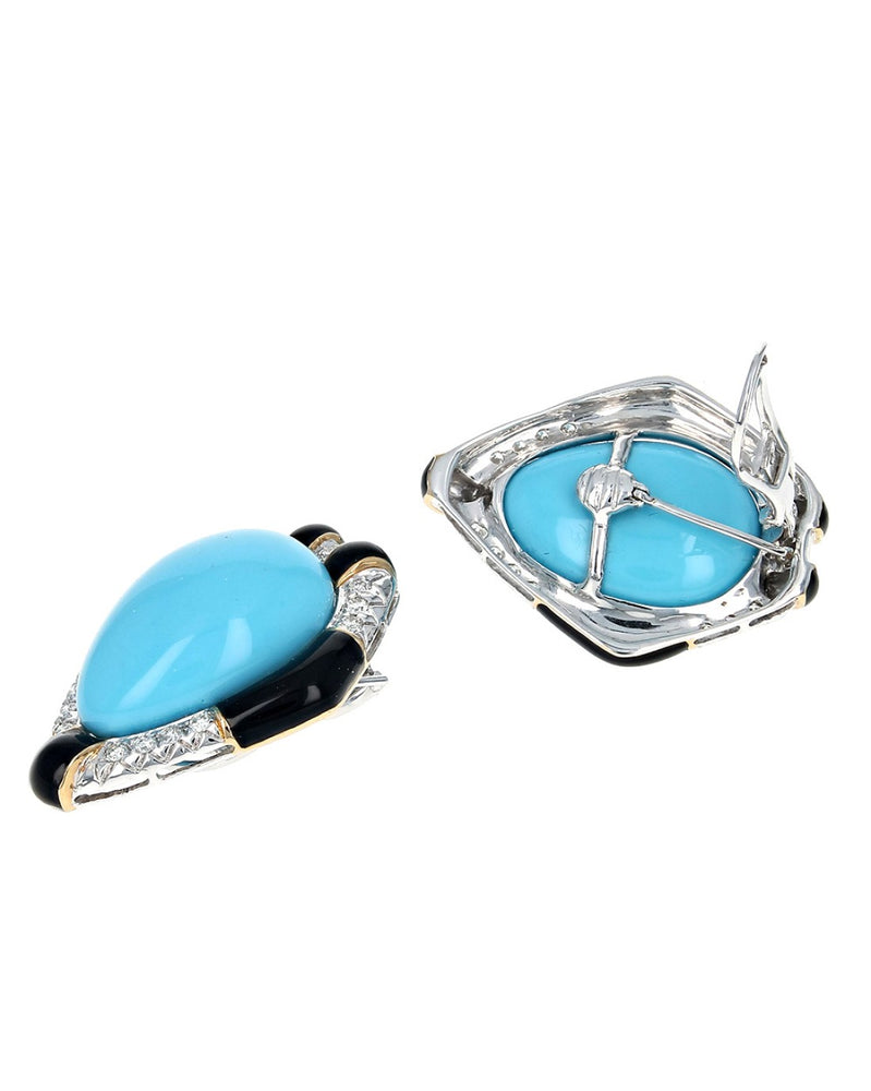 Pear Cut Turquoise, Diamond and Black Enamel Earrings