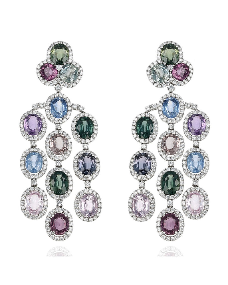 Multi Color Sapphire and Diamond Halo Chandelier Earrings