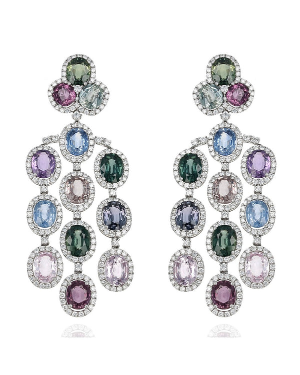 Multi Color Sapphire and Diamond Halo Chandelier Earrings