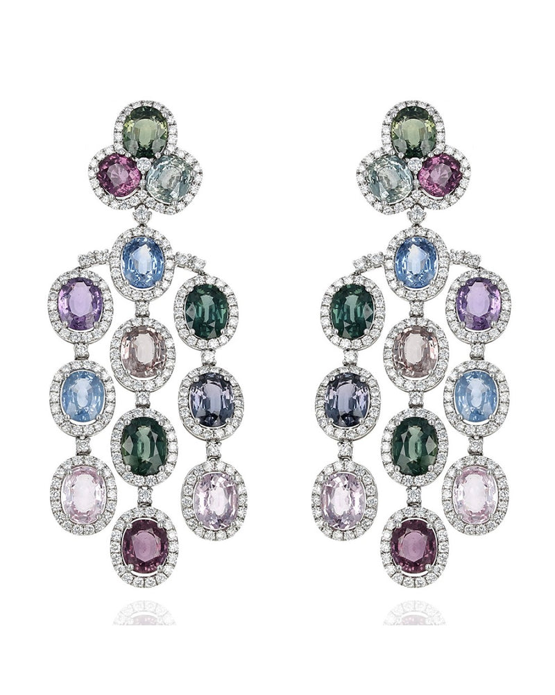 Multi Color Sapphire and Diamond Halo Chandelier Earrings