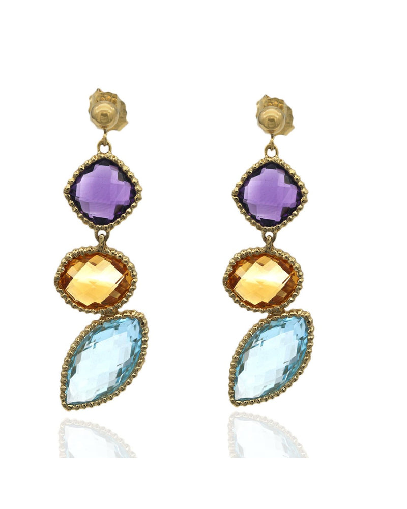 Amethyst, Citrine and Topaz Cushion Dangle Earrings