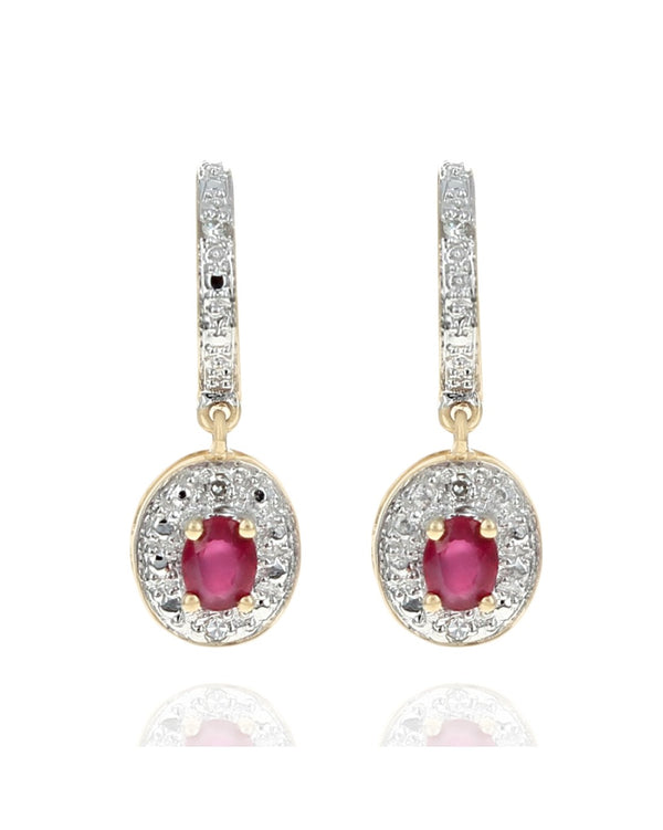 Oval Ruby Diamond Halo Huggie Drop Earrings in Gold