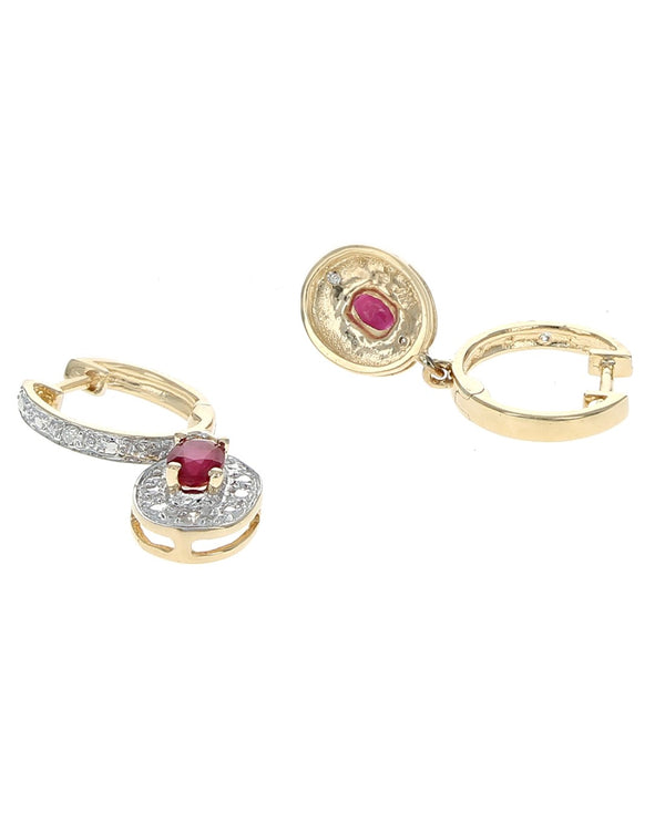 Oval Ruby Diamond Halo Huggie Drop Earrings in Gold