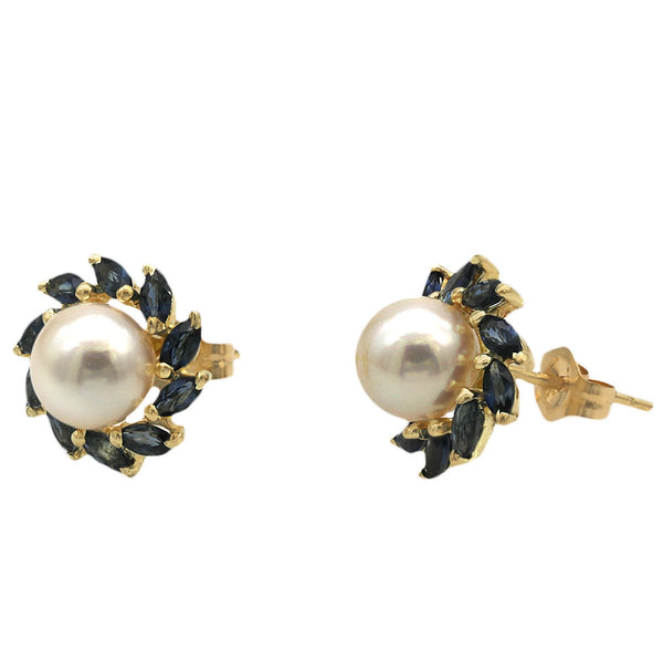 Pearl and Sapphire Halo Stud Earrings in Yellow Gold