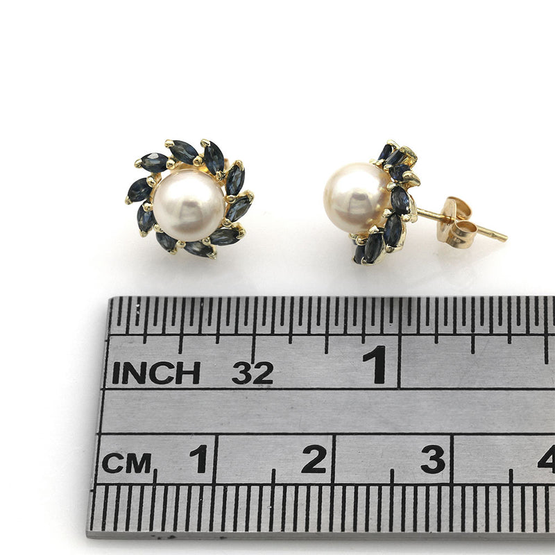 Pearl and Sapphire Halo Stud Earrings in Yellow Gold