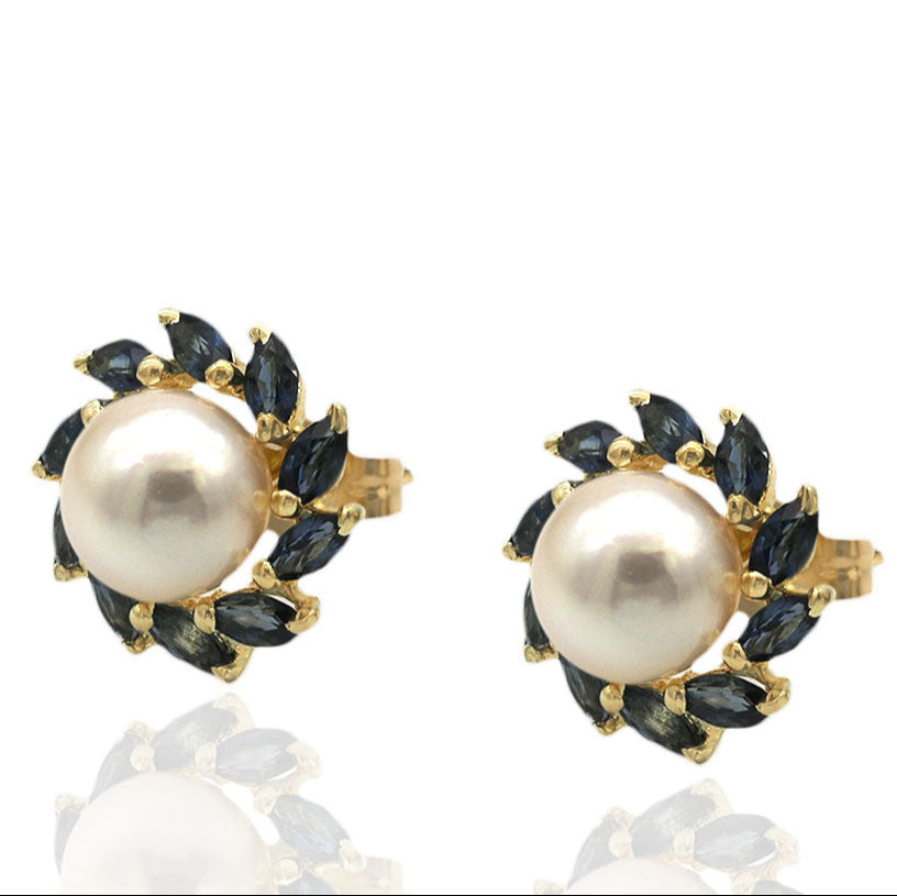 Pearl and Sapphire Halo Stud Earrings in Yellow Gold