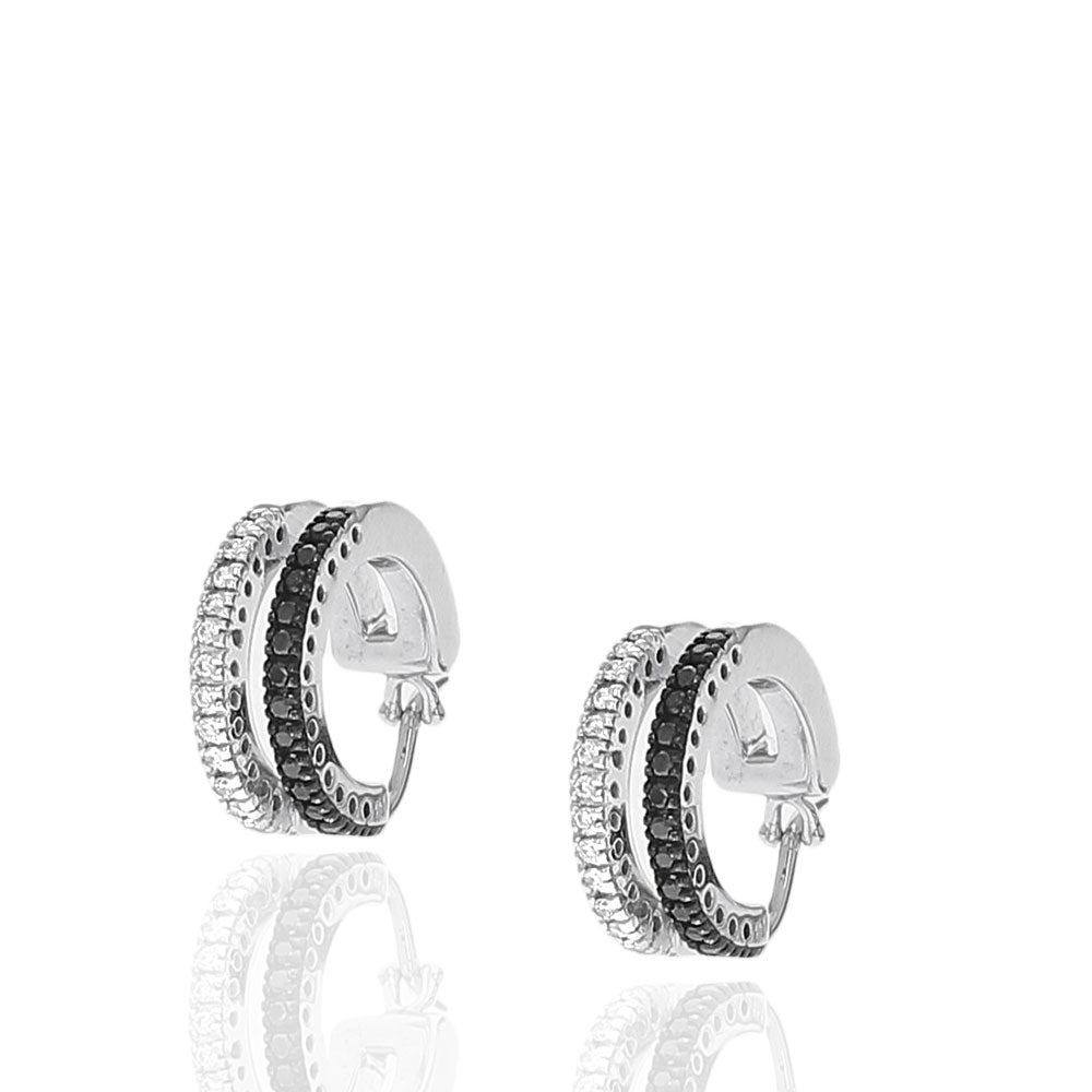 2 Row Black and White Diamond Huggie Earrings in White Gold