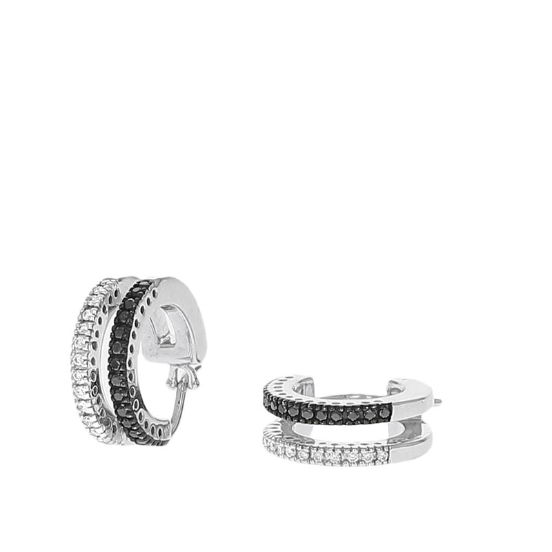 2 Row Black and White Diamond Huggie Earrings in White Gold